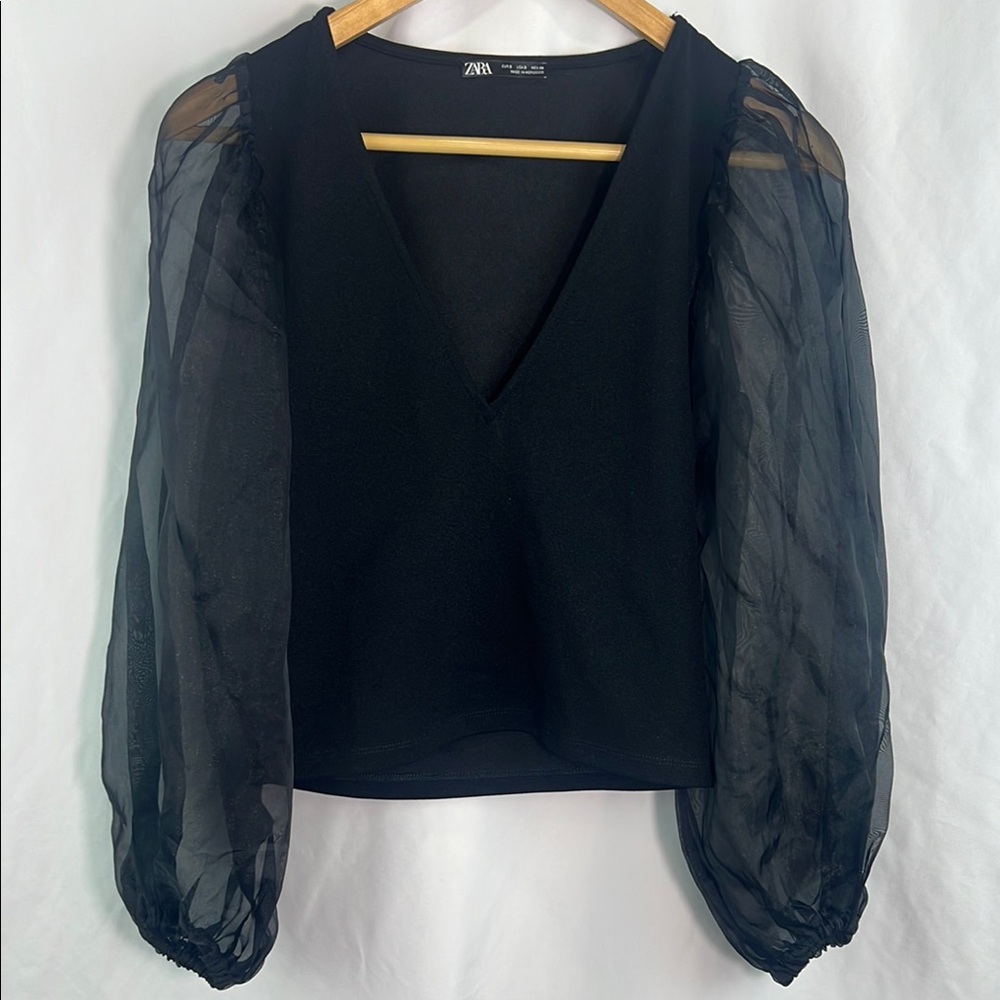 Zara Black Sheer‎ Puff Sleeve Women's Top Size Small